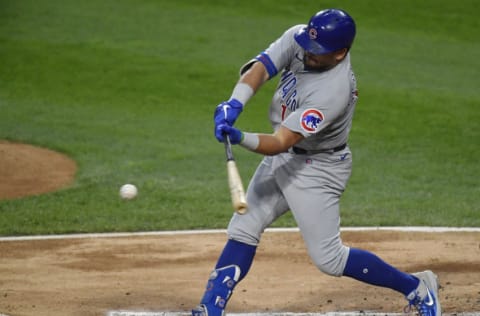 CHICAGO, ILLINOIS - SEPTEMBER 26: Kyle Schwarber #12 of the Chicago Cubs bats against the Chicago White Sox at Guaranteed Rate Field on September 26, 2020 in Chicago, Illinois. (Photo by Quinn Harris/Getty Images)