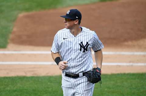 NEW YORK, NEW YORK - SEPTEMBER 27: DJ LeMahieu #26 of the New York Yankees looks on during the second inning against the Miami Marlins at Yankee Stadium on September 27, 2020 in the Bronx borough of New York City. (Photo by Sarah Stier/Getty Images)