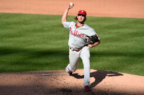 WASHINGTON, DC - SEPTEMBER 22: Aaron Nola #27 of the Philadelphia Phillies pitches against the Washington Nationals during the first game of a doubleheader at Nationals Park on September 22, 2020 in Washington, DC. (Photo by G Fiume/Getty Images)