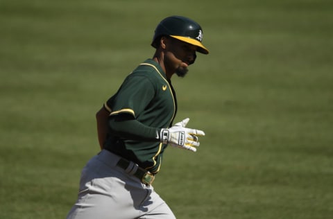 LOS ANGELES, CALIFORNIA - OCTOBER 07: Marcus Semien #10 of the Oakland Athletics rounds the bases after hitting a solo home run against the Houston Astros during the fifth inning in Game Three of the American League Division Series at Dodger Stadium on October 07, 2020 in Los Angeles, California. (Photo by Kevork Djansezian/Getty Images)