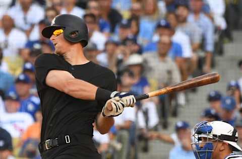 LOS ANGELES, CA - AUGUST 25: DJ LeMahieu #26 of the New York Yankees at bat during the game against the Los Angeles Dodgers at Dodger Stadium on August 25, 2019 in Los Angeles, California. Teams are wearing special color schemed uniforms with players choosing nicknames to display for Players' Weekend. (Photo by Jayne Kamin-Oncea/Getty Images)