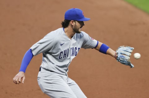 CLEVELAND, OH - AUGUST 11: Kris Bryant #17 of the Chicago Cubs plays against the Cleveland Indians during the fourth inning at Progressive Field on August 11, 2020 in Cleveland, Ohio. (Photo by Ron Schwane/Getty Images)