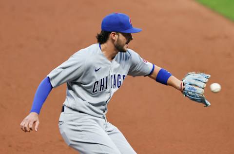 CLEVELAND, OH - AUGUST 11: Kris Bryant #17 of the Chicago Cubs plays against the Cleveland Indians during the fourth inning at Progressive Field on August 11, 2020 in Cleveland, Ohio. (Photo by Ron Schwane/Getty Images)