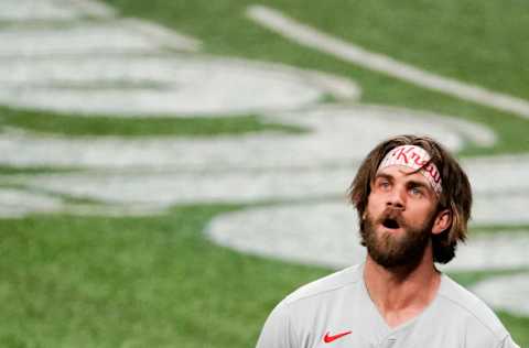 ST PETERSBURG, FLORIDA - SEPTEMBER 27: Bryce Harper #3 of the Philadelphia Phillies reacts during the eighth inning against the Tampa Bay Rays at Tropicana Field on September 27, 2020 in St Petersburg, Florida. (Photo by Douglas P. DeFelice/Getty Images)