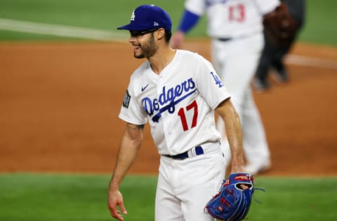 ARLINGTON, TEXAS - OCTOBER 20: Joe Kelly #17 of the Los Angeles Dodgers celebrate after closing out the teams 8-3 victory against the Tampa Bay Rays in Game One of the 2020 MLB World Series at Globe Life Field on October 20, 2020 in Arlington, Texas. (Photo by Ronald Martinez/Getty Images)