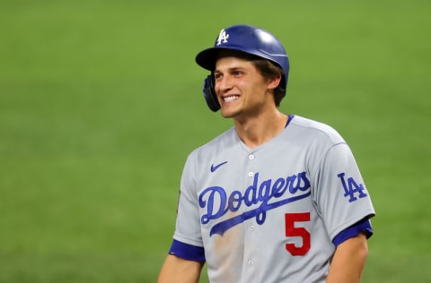 ARLINGTON, TEXAS - OCTOBER 23: Corey Seager #5 of the Los Angeles Dodgers reacts against the Tampa Bay Rays during the third inning in Game Three of the 2020 MLB World Series at Globe Life Field on October 23, 2020 in Arlington, Texas. (Photo by Ronald Martinez/Getty Images)