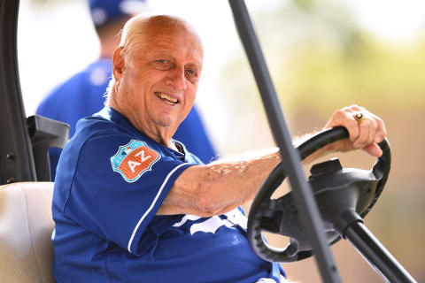 GLENDALE, AZ – MARCH 03: Tommy Lasorda of Los Angeles Dodgers smiles during a spring training workout on March 3, 2016 in Glendale, Arizona. (Photo by Masterpress/Getty Images)