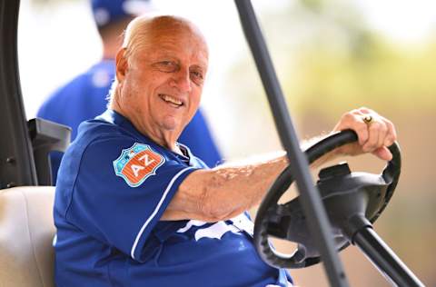 GLENDALE, AZ - MARCH 03: Tommy Lasorda of Los Angeles Dodgers smiles during a spring training workout on March 3, 2016 in Glendale, Arizona. (Photo by Masterpress/Getty Images)