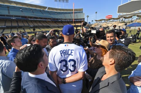 LOS ANGELES, CA - FEBRUARY 12: David Price #13 of the Los Angeles Dodgers is interviewed by the media following a press conference at Dodger Stadium on February 12, 2020 in Los Angeles, California. (Photo by Jayne Kamin-Oncea/Getty Images)