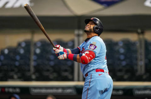 MINNEAPOLIS, MN - SEPTEMBER 12: Nelson Cruz #23 of the Minnesota Twins bats wearing #21 in honor of Roberto Clemente against the Minnesota Twins on September 12, 2020 at Target Field in Minneapolis, Minnesota. (Photo by Brace Hemmelgarn/Minnesota Twins/Getty Images)