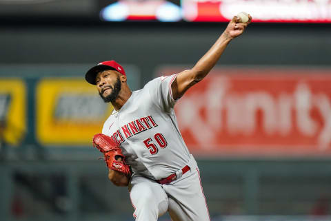 Amir Garrett #50 of the Cincinnati Reds (Photo by Brace Hemmelgarn/Minnesota Twins/Getty Images)