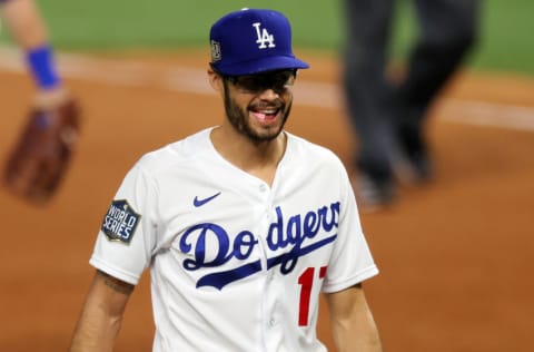 ARLINGTON, TEXAS - OCTOBER 20: Joe Kelly #17 of the Los Angeles Dodgers celebrate after closing out the teams 8-3 victory against the Tampa Bay Rays in Game One of the 2020 MLB World Series at Globe Life Field on October 20, 2020 in Arlington, Texas. (Photo by Ronald Martinez/Getty Images)