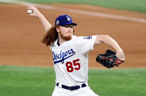 ARLINGTON, TEXAS - OCTOBER 21: Dustin May #85 of the Los Angeles Dodgers delivers the pitch against the Tampa Bay Rays during the fifth inning in Game Two of the 2020 MLB World Series at Globe Life Field on October 21, 2020 in Arlington, Texas. (Photo by Sean M. Haffey/Getty Images)