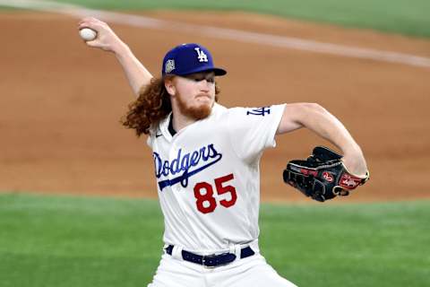 ARLINGTON, TEXAS – OCTOBER 21: Dustin May #85 of the Los Angeles Dodgers delivers the pitch against the Tampa Bay Rays during the fifth inning in Game Two of the 2020 MLB World Series at Globe Life Field on October 21, 2020 in Arlington, Texas. (Photo by Sean M. Haffey/Getty Images)