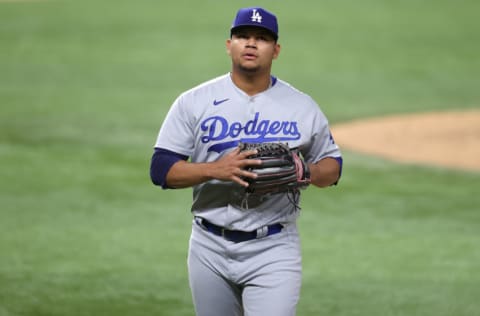 ARLINGTON, TEXAS - OCTOBER 15: Brusdar Graterol #48 of the Los Angeles Dodgers is taken out of the game against the Atlanta Braves during the sixth inning in Game Four of the National League Championship Series at Globe Life Field on October 15, 2020 in Arlington, Texas. (Photo by Tom Pennington/Getty Images)