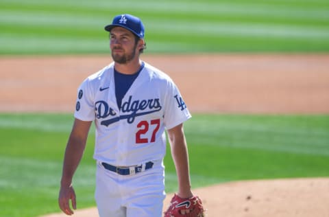 GLENDALE, AZ - MARCH 01: Trevor Bauer #27 of the Los Angeles Dodgers pitches during a spring training game against the Colorado Rockies at Camelback Ranch on March 1, 2021 in Glendale, Arizona. (Photo by Rob Tringali/Getty Images)