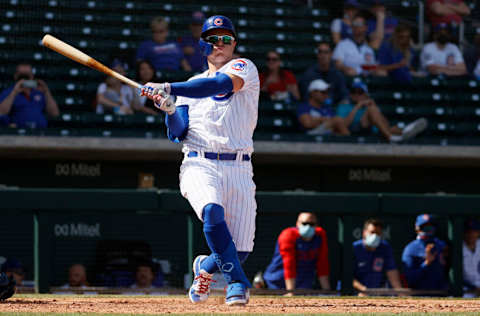 MESA, ARIZONA - MARCH 03: Joc Pederson #24 of the Chicago Cubs at bat against the Seattle Mariners in the third inning on March 03, 2021 at Sloan Park in Mesa, Arizona. (Photo by Steph Chambers/Getty Images)