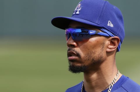 SURPRISE, ARIZONA - MARCH 07: Mookie Betts #50 of the Los Angeles Dodgers during the second inning of the MLB spring training baseball game against the Texas Rangers at Surprise Stadium on March 07, 2021 in Surprise, Arizona. (Photo by Ralph Freso/Getty Images)