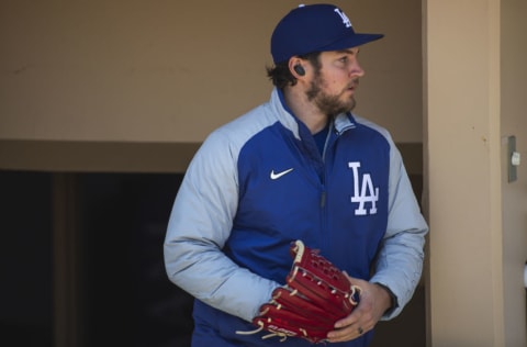 SAN DIEGO, CA - APRIL 18: Trevor Bauer #27 of the Los Angeles Dodgers takes the field before facing the San Diego Padres on April 18, 2021 at Petco Park in San Diego, California. (Photo by Matt Thomas/San Diego Padres/Getty Images)