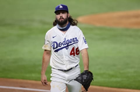 ARLINGTON, TEXAS - OCTOBER 27: Tony Gonsolin #46 of the Los Angeles Dodgers is taken out of the game against the Tampa Bay Rays during the second inning in Game Six of the 2020 MLB World Series at Globe Life Field on October 27, 2020 in Arlington, Texas. (Photo by Tom Pennington/Getty Images)