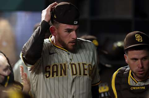 ARLINGTON, TEXAS - APRIL 09: Joe Musgrove #44 of the San Diego Padres after pitching a no-hitter against the Texas Rangers at Globe Life Field on April 09, 2021 in Arlington, Texas. This was the Padres first no-hitter in franchise history. (Photo by Ronald Martinez/Getty Images)