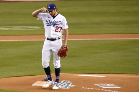 LOS ANGELES, CALIFORNIA - APRIL 13: Trevor Bauer #27 of the Los Angeles Dodgers before the game against the Colorado Rockies at Dodger Stadium on April 13, 2021 in Los Angeles, California. (Photo by Harry How/Getty Images)