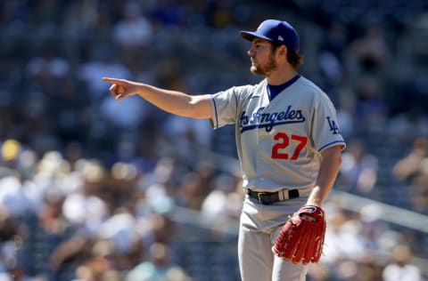 SAN DIEGO, CALIFORNIA - APRIL 18: Trevor Bauer #27 of the Los Angeles Dodgers pitches during a game against the San Diego Padres at PETCO Park on April 18, 2021 in San Diego, California. (Photo by Sean M. Haffey/Getty Images)