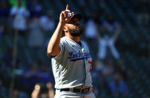 SEATTLE, WASHINGTON - APRIL 20: Kenley Jansen #74 of the Los Angeles Dodgers reacts after forcing the final out of the game to defeat the Seattle Mariners 1-0 at T-Mobile Park on April 20, 2021 in Seattle, Washington. (Photo by Abbie Parr/Getty Images)