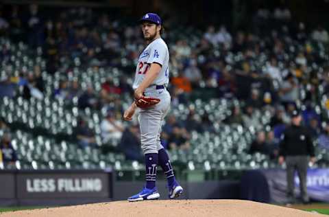 MILWAUKEE, WISCONSIN - APRIL 29: Trevor Bauer #27 of the Los Angeles Dodgers stands on the mound during the first inning against the Milwaukee Brewers at American Family Field on April 29, 2021 in Milwaukee, Wisconsin. (Photo by Stacy Revere/Getty Images)