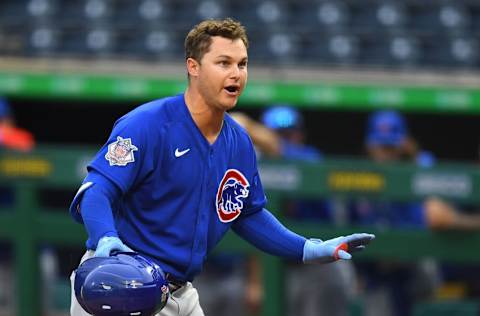 PITTSBURGH, PA - APRIL 10: Joc Pederson #24 of the Chicago Cubs reacts after a called strikeout during the first inning against the Pittsburgh Pirates at PNC Park on April 10, 2021 in Pittsburgh, Pennsylvania. (Photo by Joe Sargent/Getty Images)