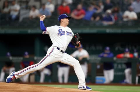 ARLINGTON, TEXAS - APRIL 29: Kyle Gibson #44 of the Texas Rangers throws against the Boston Red Sox in the first inning at Globe Life Field on April 29, 2021 in Arlington, Texas. (Photo by Ronald Martinez/Getty Images)