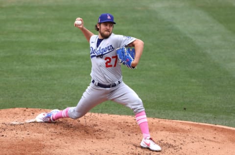 ANAHEIM, CALIFORNIA - MAY 09: Trevor Bauer #27 of the Los Angeles Dodgers pitches during the first inning of a game against the Los Angeles Angels at Angel Stadium of Anaheim on May 09, 2021 in Anaheim, California. (Photo by Sean M. Haffey/Getty Images)