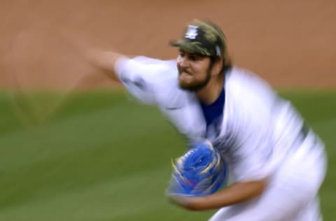 LOS ANGELES, CALIFORNIA - MAY 15: Trevor Bauer #27 of the Los Angeles Dodgers pitches against the Miami Marlins during the fourth inning at Dodger Stadium on May 15, 2021 in Los Angeles, California. (Photo by Harry How/Getty Images)