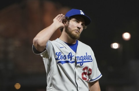 SAN FRANCISCO, CALIFORNIA - MAY 21: Trevor Bauer #27 of the Los Angeles Dodgers reacts to fans booing him as he leaves the game against the San Francisco Giants in the seventh inning at Oracle Park on May 21, 2021 in San Francisco, California. (Photo by Thearon W. Henderson/Getty Images)