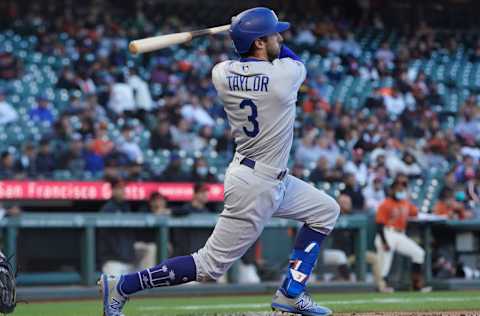 SAN FRANCISCO, CALIFORNIA - MAY 21: Chris Taylor #3 of the Los Angeles Dodgers hits a two-run home run against the San Francisco Giants in the third inning at Oracle Park on May 21, 2021 in San Francisco, California. (Photo by Thearon W. Henderson/Getty Images)