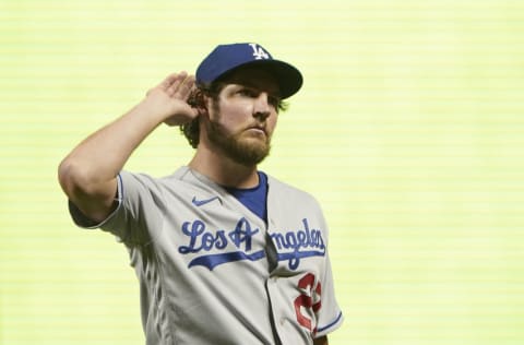 SAN FRANCISCO, CALIFORNIA - MAY 21: Trevor Bauer #27 of the Los Angeles Dodgers reacts to fans booing him as he leaves the game against the San Francisco Giants in the seventh inning at Oracle Park on May 21, 2021 in San Francisco, California. (Photo by Thearon W. Henderson/Getty Images)