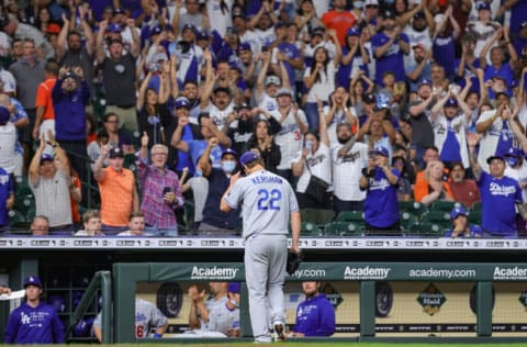 HOUSTON, TEXAS - MAY 25: Clayton Kershaw #22 of the Los Angeles Dodgers exits the game during the eighth inning against the Houston Astros at Minute Maid Park on May 25, 2021 in Houston, Texas. (Photo by Carmen Mandato/Getty Images)