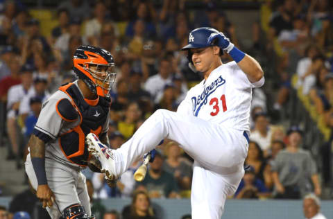 LOS ANGELES, CA - AUGUST 03: Martin Maldonado #15 of the Houston Astros looks on as Joc Pederson #31 of the Los Angeles Dodgers spins around after he was struck out in the eighth inning by Justin Verlander #35 of the Houston Astros at Dodger Stadium on August 3, 2018 in Los Angeles, California. (Photo by Jayne Kamin-Oncea/Getty Images)