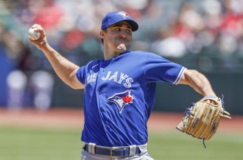 CLEVELAND, OH - MAY 30: Starting pitcher Ross Stripling #48 of the Toronto Blue Jays pitches against the Cleveland Indians in the first inning during game one of a doubleheader at Progressive Field on May 30, 2021 in Cleveland, Ohio. (Photo by Ron Schwane/Getty Images)