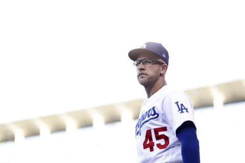 LOS ANGELES, CALIFORNIA – MAY 28: Matt Beaty #45 of the Los Angeles Dodgers takes the field to warm up prior to a game against the San Francisco Giants at Dodger Stadium on May 28, 2021 in Los Angeles, California. (Photo by Michael Owens/Getty Images)