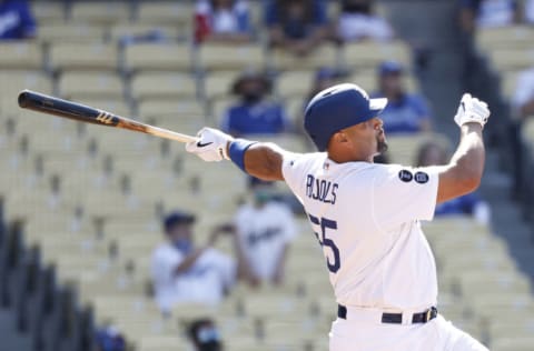 LOS ANGELES, CALIFORNIA - MAY 30: Albert Pujols #55 of the Los Angeles Dodgers hits a two-run home run against the San Francisco Giants during the ninth inning at Dodger Stadium on May 30, 2021 in Los Angeles, California. Cody Bellinger scored. (Photo by Michael Owens/Getty Images)