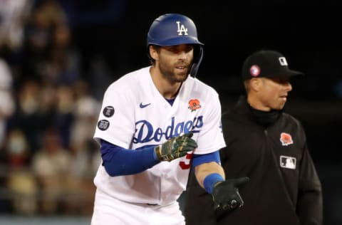 LOS ANGELES, CALIFORNIA - MAY 31: Chris Taylor #3 of the Los Angeles Dodgers celebrates his three RBI double during the sixth inning against the St. Louis Cardinals at Dodger Stadium on May 31, 2021 in Los Angeles, California. (Photo by Katelyn Mulcahy/Getty Images)