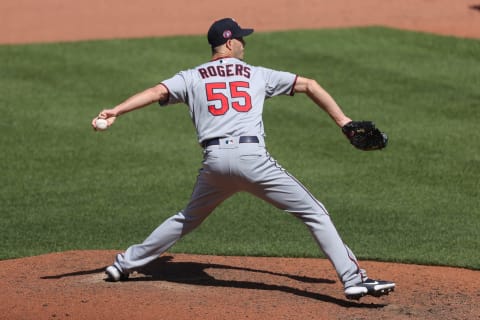 BALTIMORE, MARYLAND – MAY 31: Taylor Rogers #55 of the Minnesota Twins pitches against the Baltimore Orioles at Oriole Park at Camden Yards on May 31, 2021 in Baltimore, Maryland. (Photo by Patrick Smith/Getty Images)