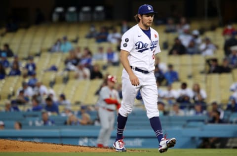 LOS ANGELES, CALIFORNIA - MAY 31: Trevor Bauer #27 of the Los Angeles Dodgers walks to the dugout during the sixth inning against the St. Louis Cardinals at Dodger Stadium on May 31, 2021 in Los Angeles, California. (Photo by Katelyn Mulcahy/Getty Images)