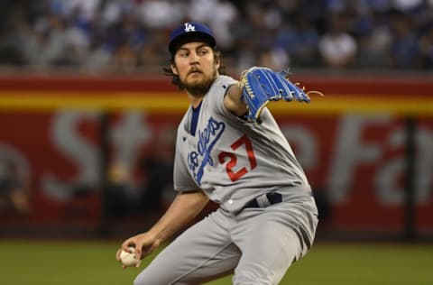 PHOENIX, ARIZONA - JUNE 18: Trevor Bauer #27 of the Los Angeles Dodgers delivers a pitch against the Arizona Diamondbacks at Chase Field on June 18, 2021 in Phoenix, Arizona. (Photo by Norm Hall/Getty Images)