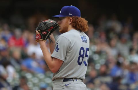 MILWAUKEE, WISCONSIN - MAY 01: Dustin May #85 of the Los Angeles Dodgers throws a pitch during a game against the Milwaukee Brewers at American Family Field on May 01, 2021 in Milwaukee, Wisconsin. (Photo by Stacy Revere/Getty Images)