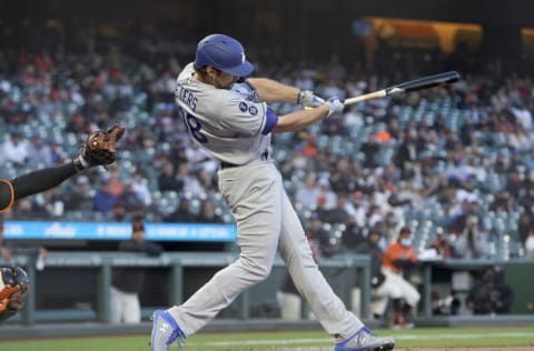 SAN FRANCISCO, CALIFORNIA - MAY 21: DJ Peters #38 of the Los Angeles Dodgers bats against the San Francisco Giants in the fourth inning at Oracle Park on May 21, 2021 in San Francisco, California. (Photo by Thearon W. Henderson/Getty Images)