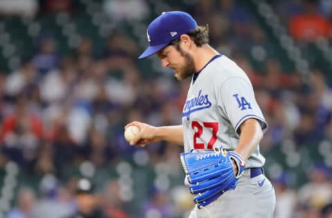 HOUSTON, TEXAS - MAY 26: Trevor Bauer #27 of the Los Angeles Dodgers prepares to pitch during the second inning against the Houston Astros at Minute Maid Park on May 26, 2021 in Houston, Texas. (Photo by Carmen Mandato/Getty Images)