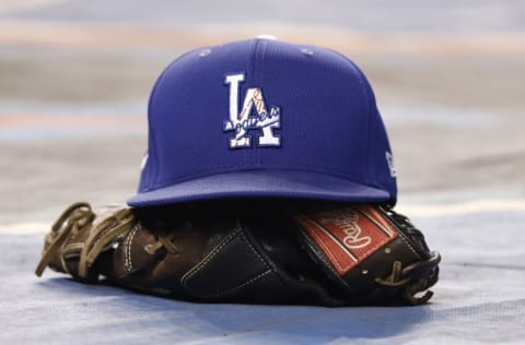 MIAMI, FLORIDA - JULY 06: A detail of a Los Angeles Dodgers hat during batting practice prior to the game against the Miami Marlins at loanDepot park on July 06, 2021 in Miami, Florida. (Photo by Michael Reaves/Getty Images)