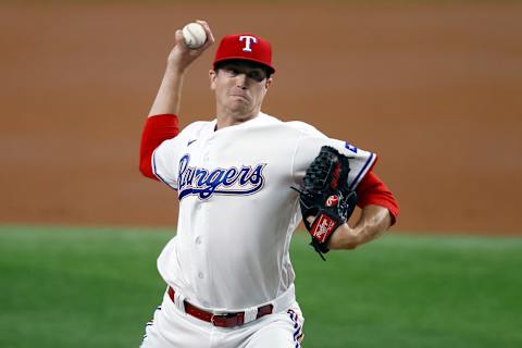 ARLINGTON, TEXAS – JULY 07: Kyle Gibson #44 of the Texas Rangers pitches against the Detroit Tigers in the top of the first inning at Globe Life Field on July 07, 2021 in Arlington, Texas. (Photo by Tom Pennington/Getty Images)